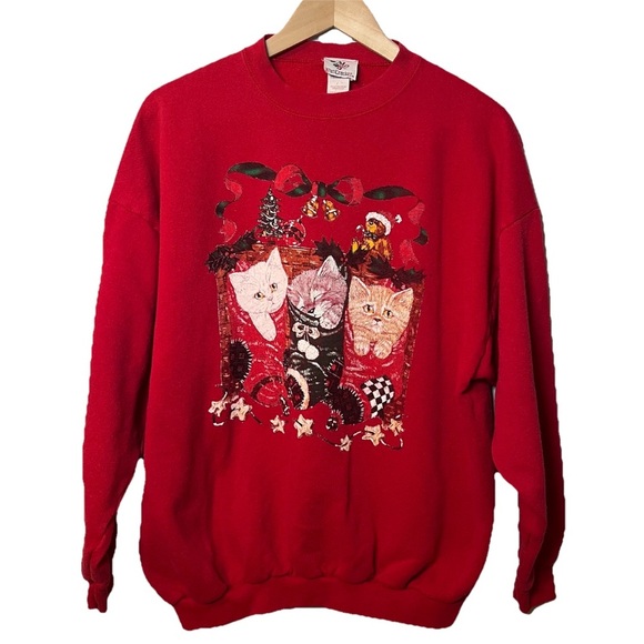 Vintage Christmas Kittens Sweatshirt size 1X Nutcracker Red Holiday Crewneck - Picture 1 of 4